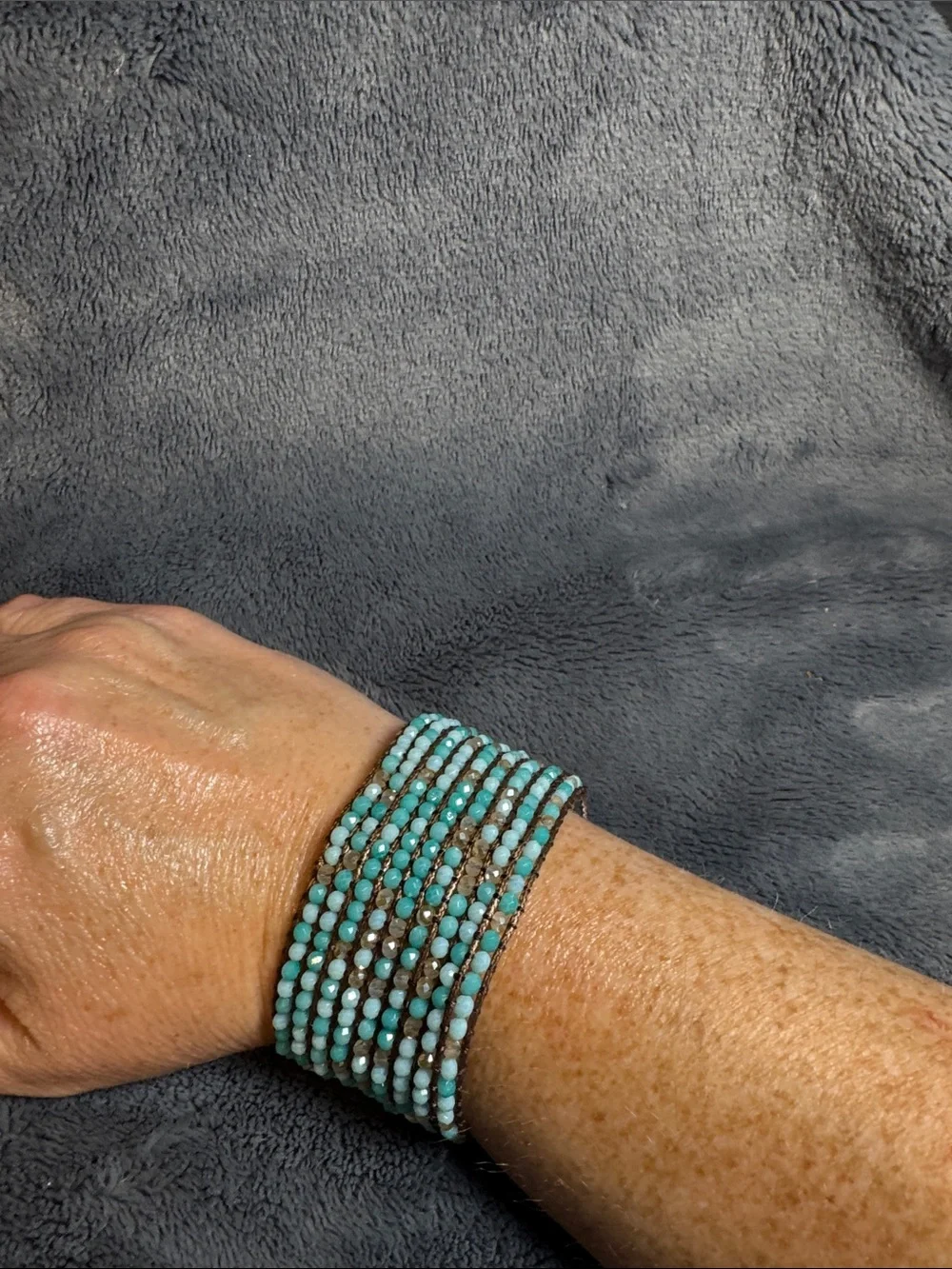 Turquoise Beaded Multi-Strand Wrap Bracelet, Slip Knot Close